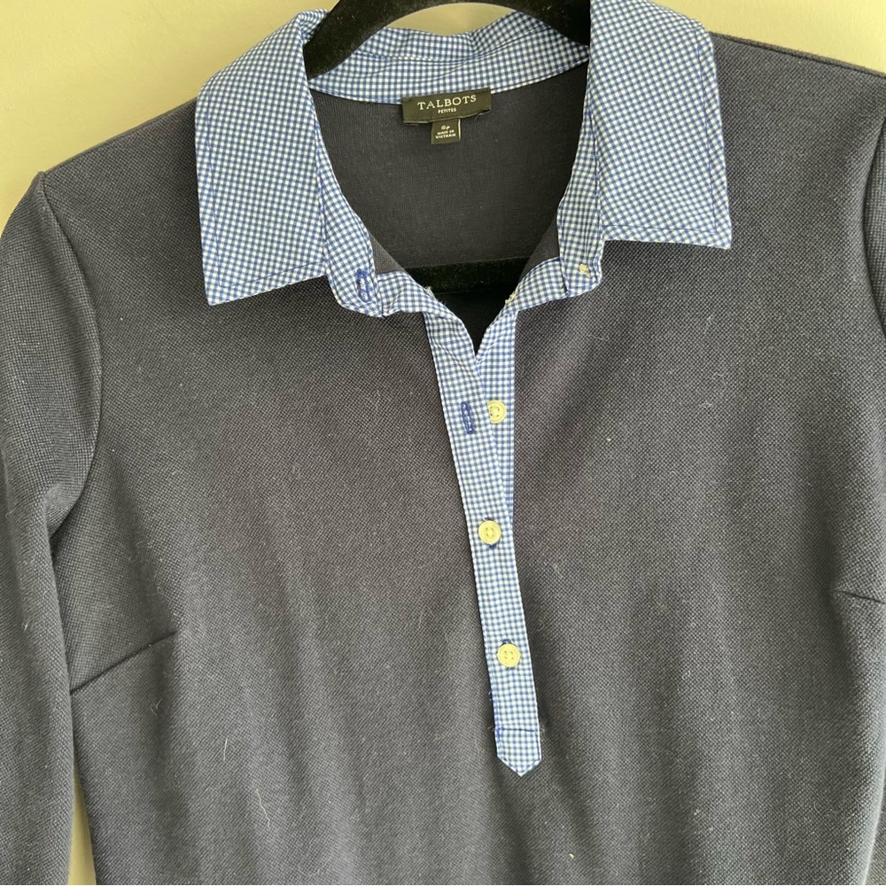 Talbots Cotton Polo Pique Popover Shirt Dress gingham collar cuffs small petite - Picture 4 of 10